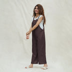 Brown Cotton Flax Ankle Length Dungaree Jumpsuit
