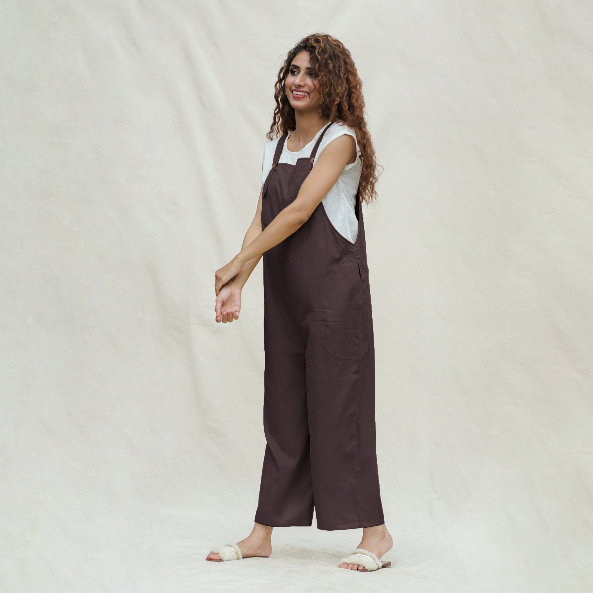 Brown Cotton Flax Ankle Length Dungaree Jumpsuit