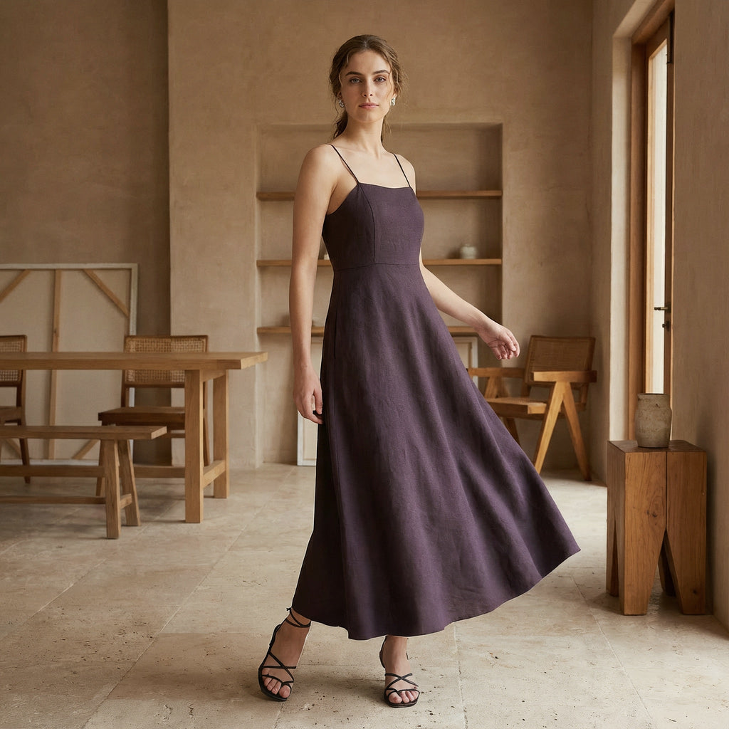 Brown Cotton Flax Ankle Length Flared Sundress