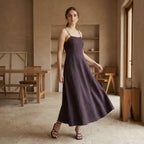 Brown Cotton Flax Ankle Length Flared Sundress