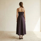 Brown Cotton Flax Ankle Length Flared Sundress