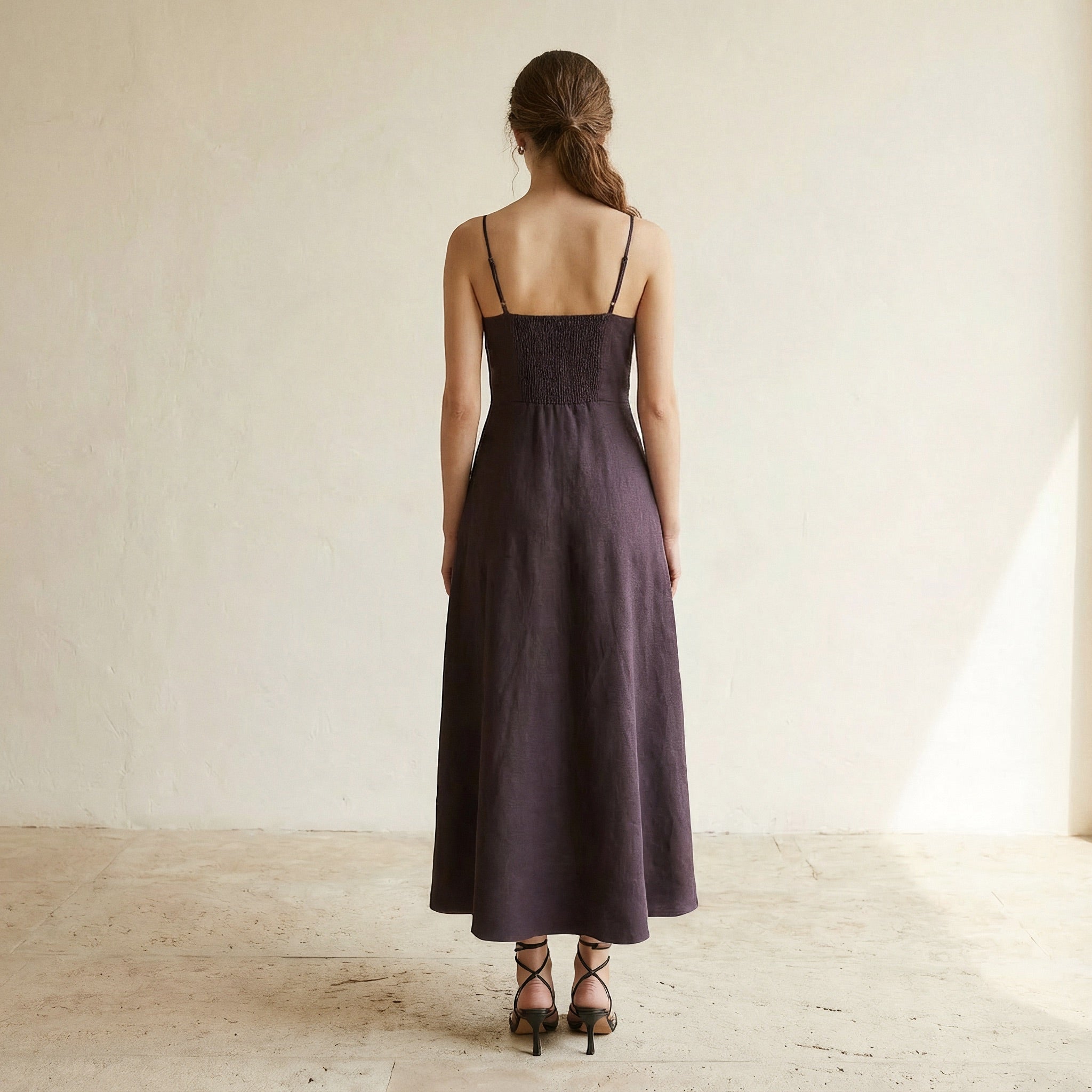 Brown Cotton Flax Ankle Length Flared Sundress