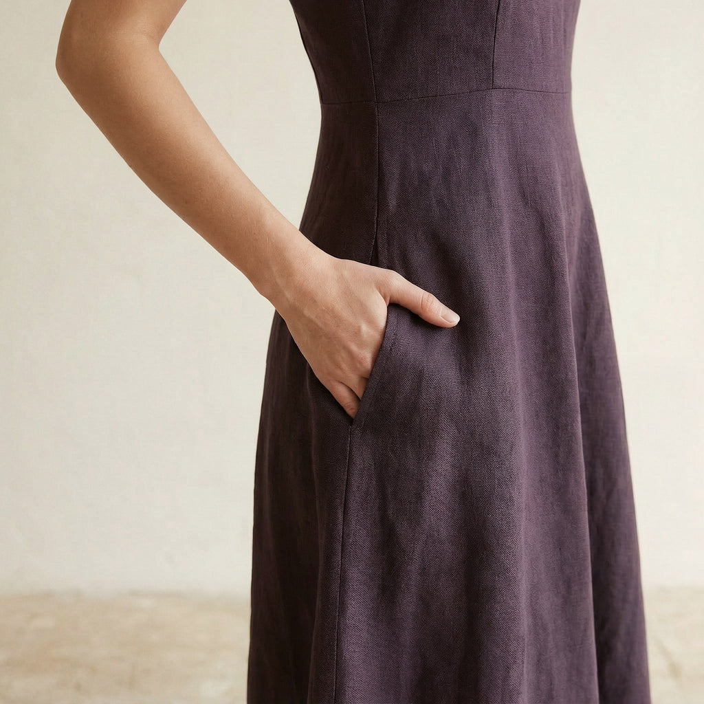 Brown Cotton Flax Ankle Length Flared Sundress