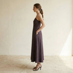Brown Cotton Flax Ankle Length Flared Sundress