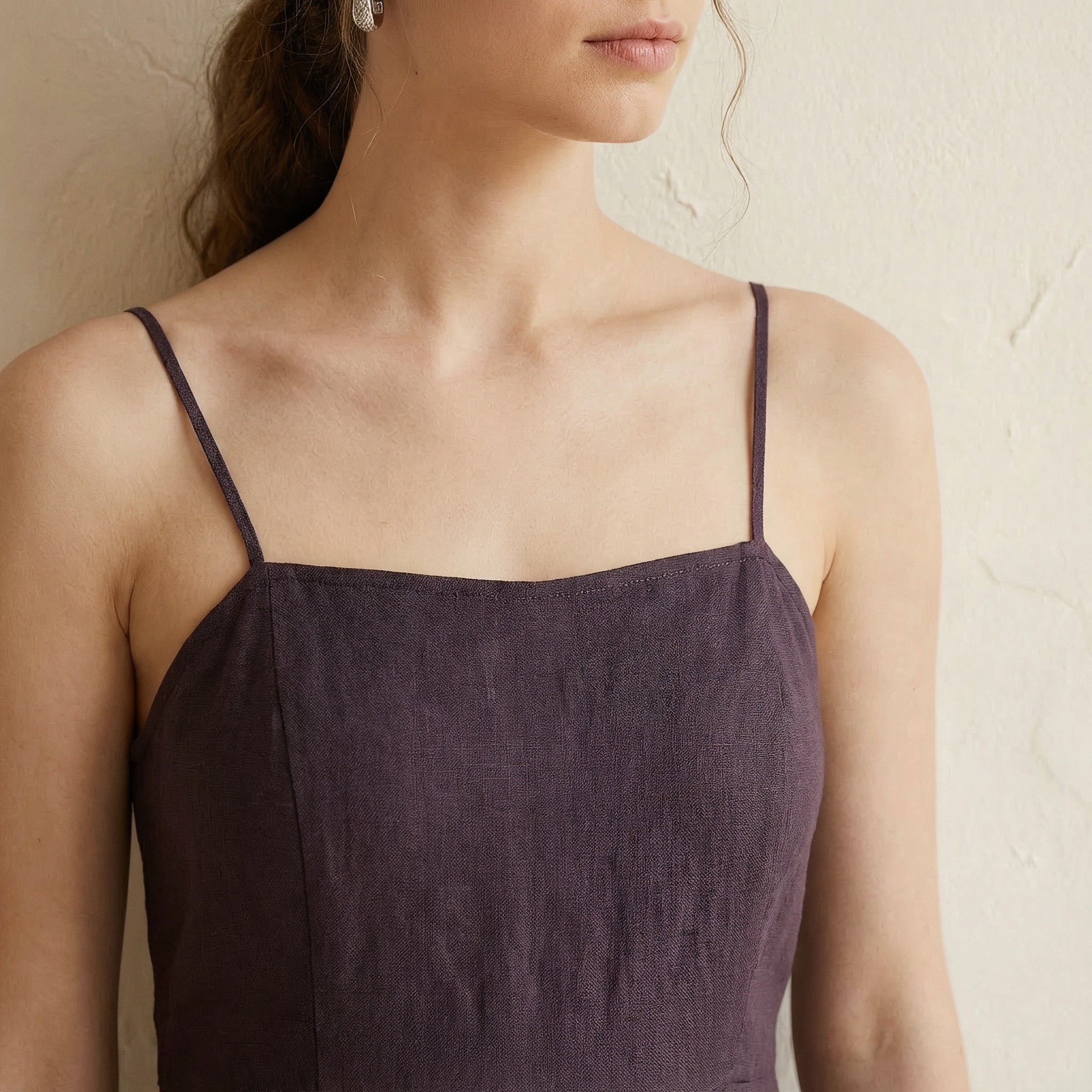 Brown Cotton Flax Ankle Length Flared Sundress
