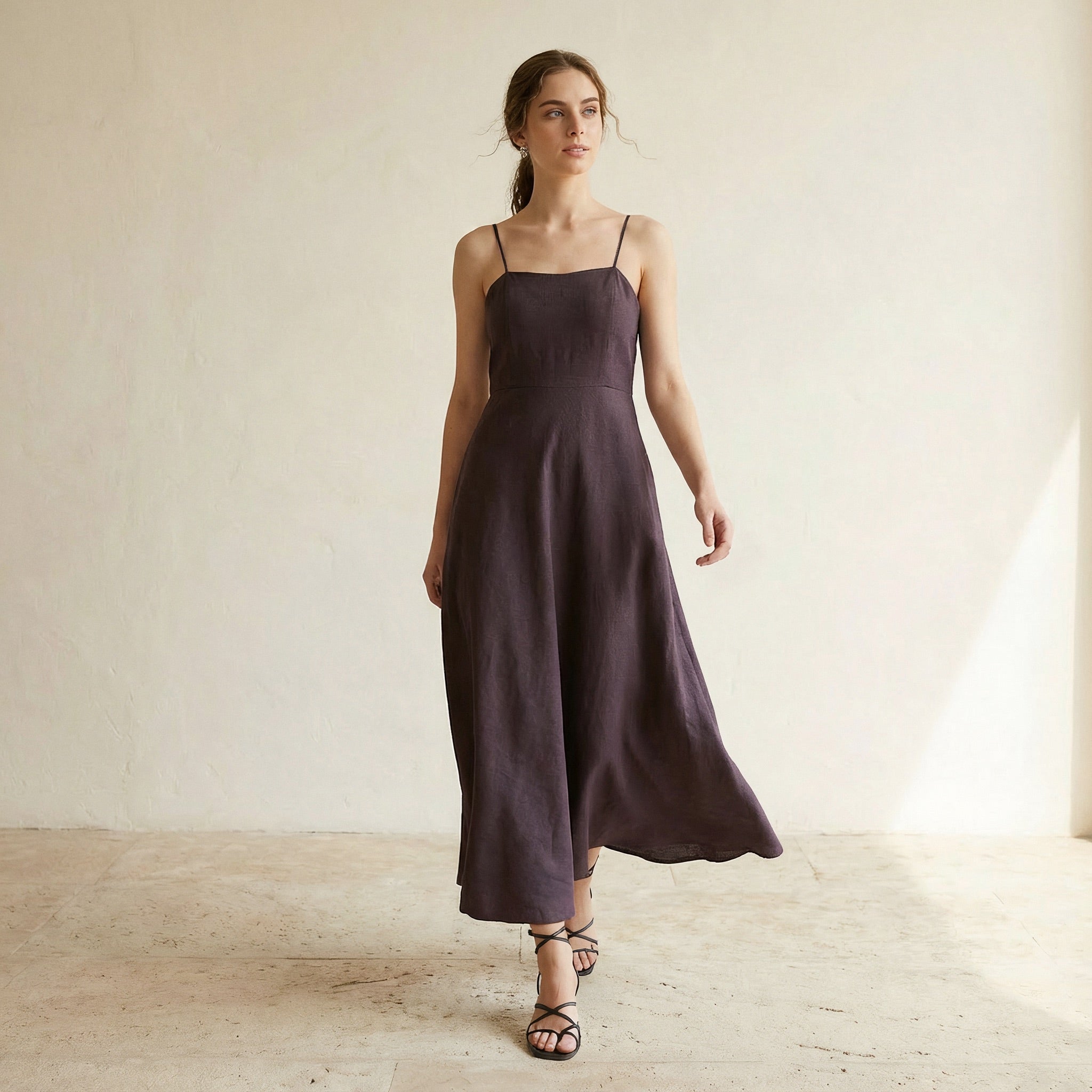Brown Cotton Flax Ankle Length Flared Sundress