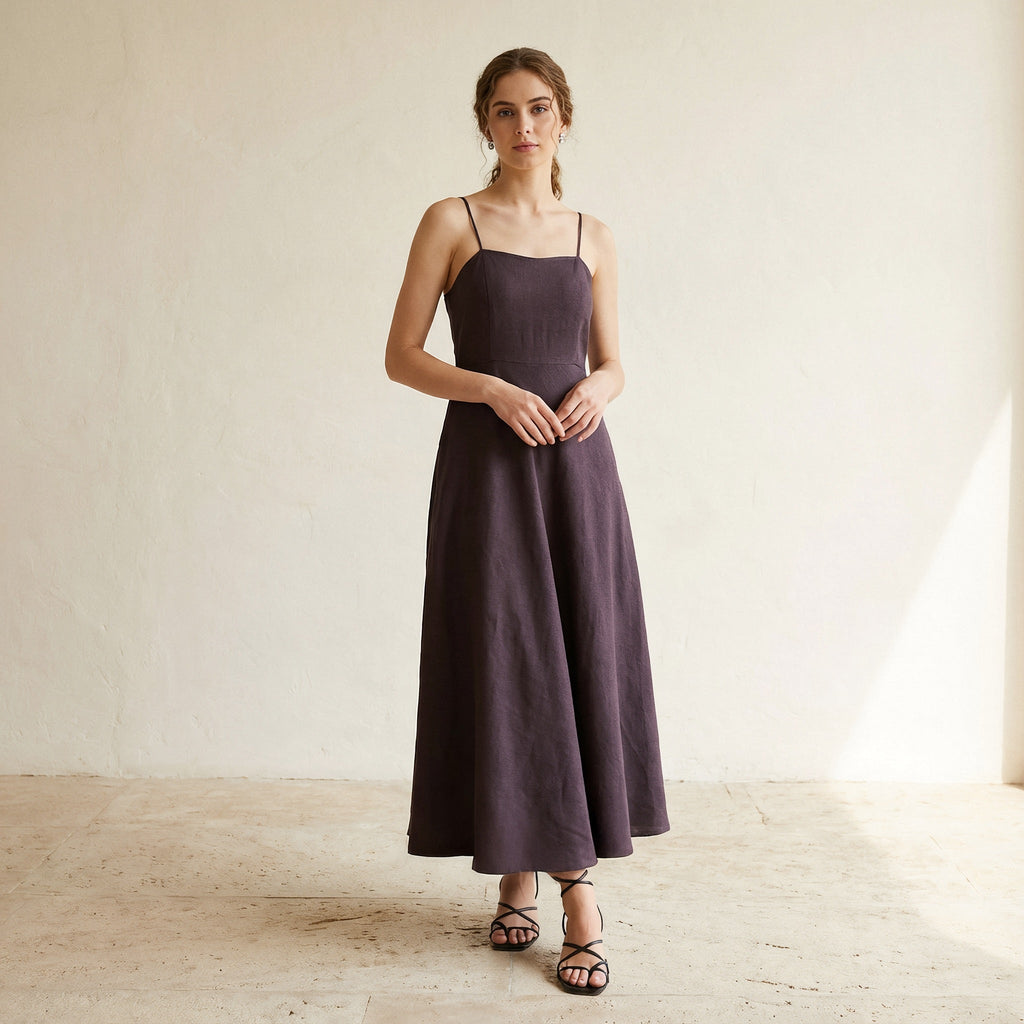 Brown Cotton Flax Ankle Length Flared Sundress