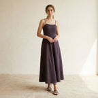 Brown Cotton Flax Ankle Length Flared Sundress