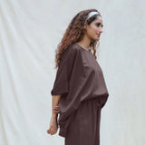 Brown Cotton Flax Boat Neck Short Kaftan Top