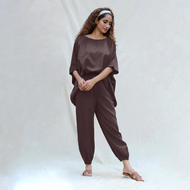 Brown Cotton Flax Boat Neck Short Kaftan Top