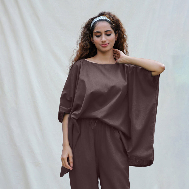 Brown Cotton Flax Boat Neck Short Kaftan Top