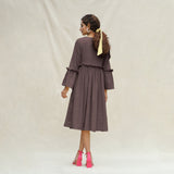 Brown Cotton Flax Bohemian Midi Dress