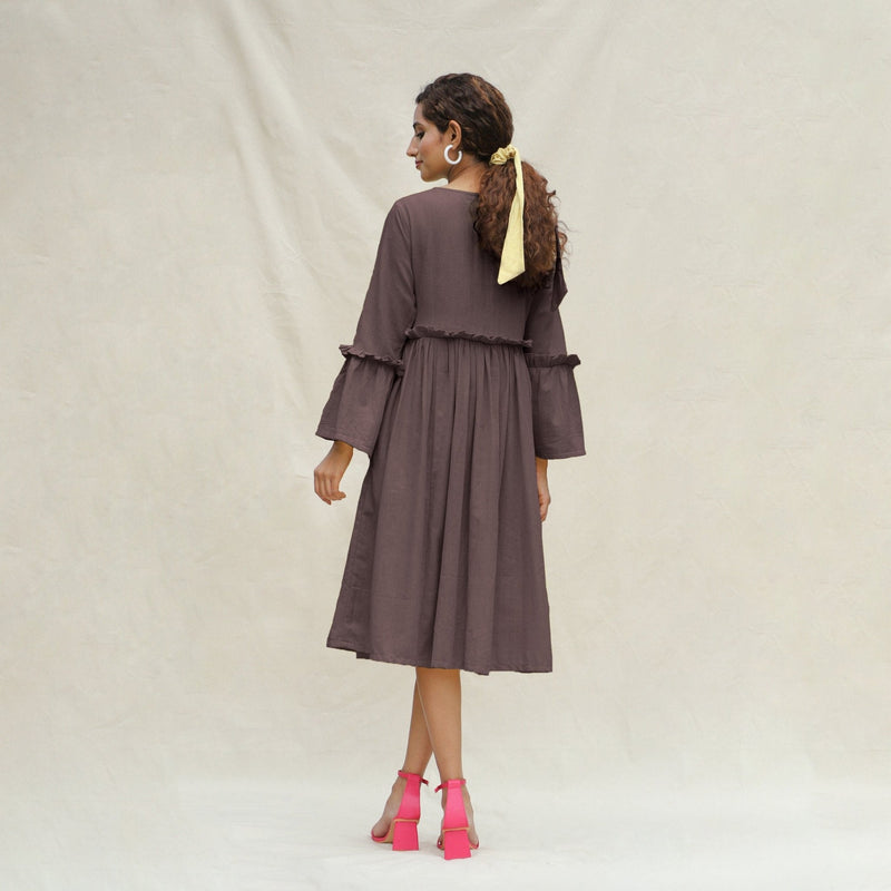 Brown Cotton Flax Bohemian Midi Dress