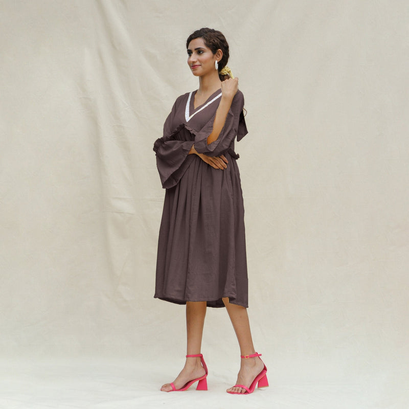 Brown Cotton Flax Bohemian Midi Dress