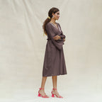 Brown Cotton Flax Bohemian Midi Dress