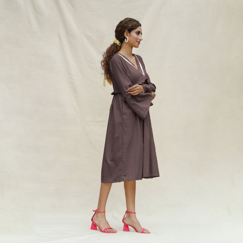 Brown Cotton Flax Bohemian Midi Dress