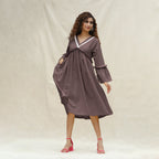 Brown Cotton Flax Bohemian Midi Dress