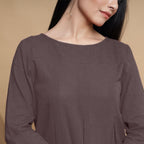 Brown Cotton Flax Box-Pleated High Low Top