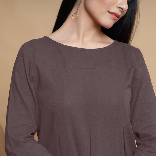 Brown Cotton Flax Box-Pleated High Low Top