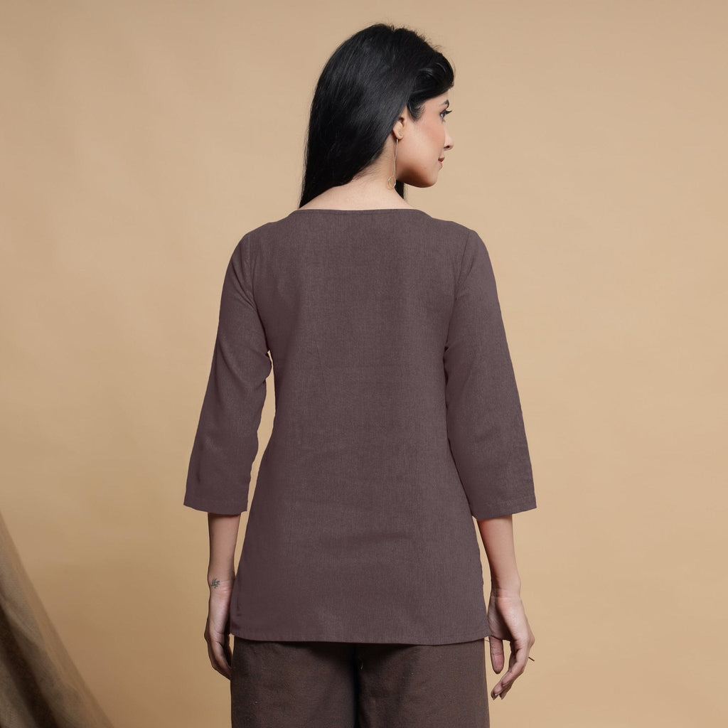 Brown Cotton Flax Box-Pleated High Low Top