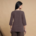 Brown Cotton Flax Box-Pleated High Low Top