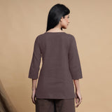Brown Cotton Flax Box-Pleated High Low Top