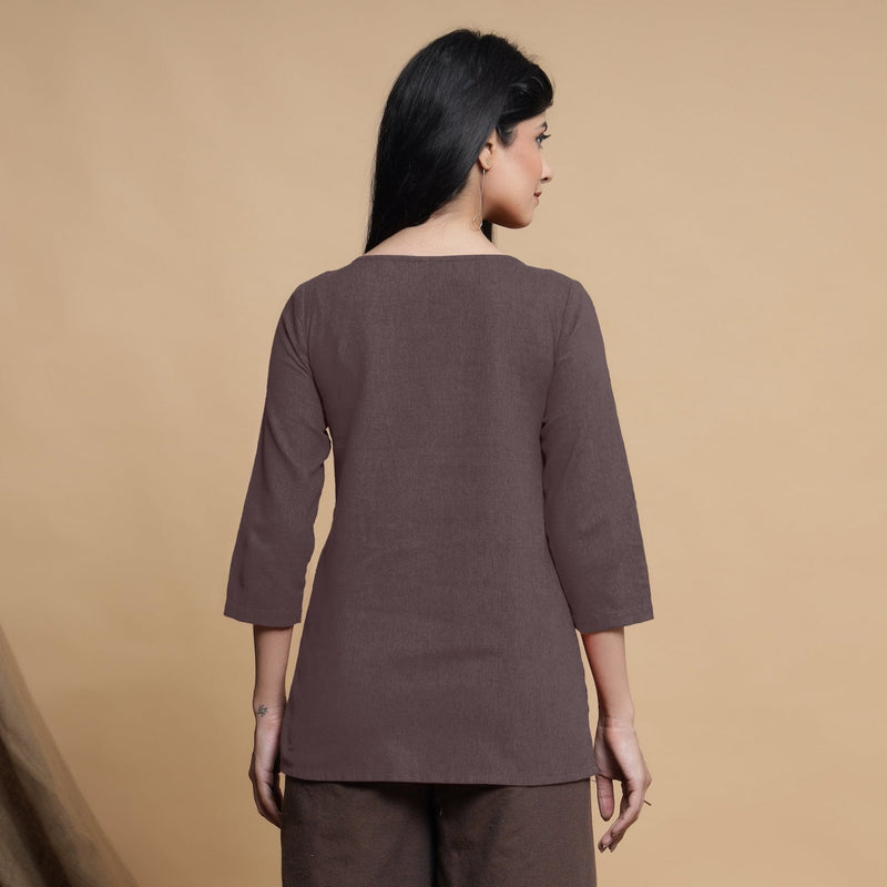 Brown Cotton Flax Box-Pleated High Low Top