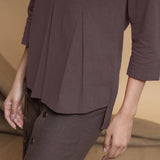 Brown Cotton Flax Box-Pleated High Low Top