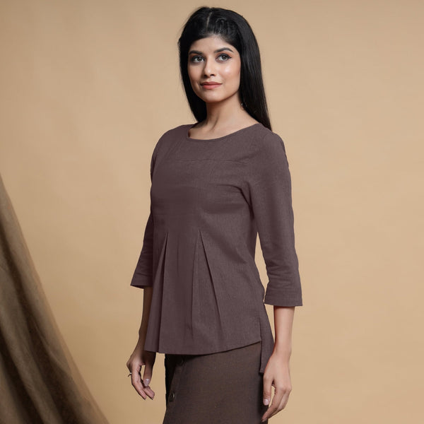Brown Cotton Flax Box-Pleated High Low Top