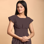 Brown Cotton Flax Pleated Cap Sleeves Short Dress