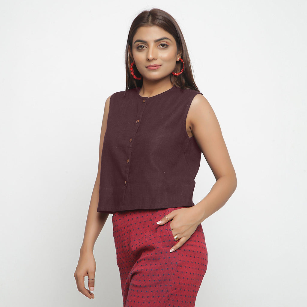 Left View of a Model wearing Brown Cotton Flax Button-Down Shirt