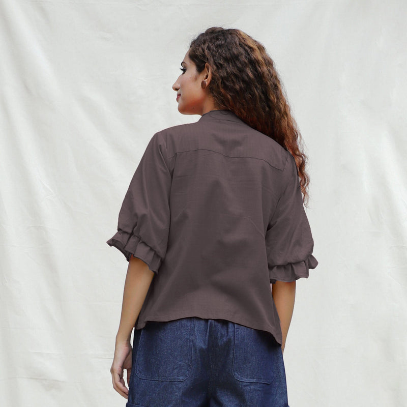 Brown Cotton Flax Button-Down Shirt