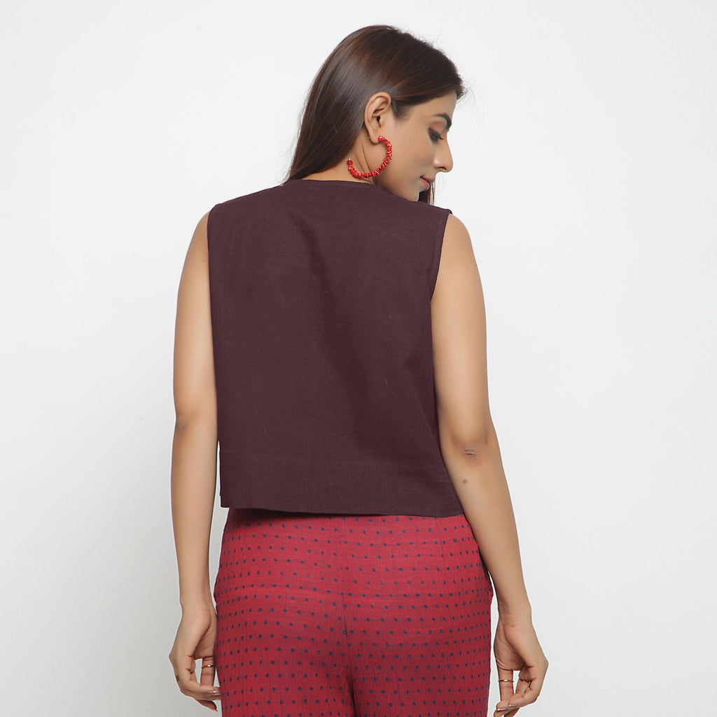 Back View of a Model wearing Brown Cotton Flax Button-Down Shirt