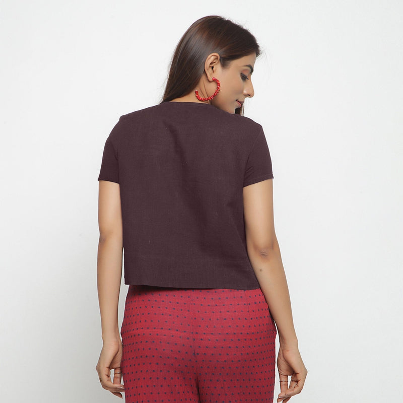 Brown Cotton Flax Button-Down Short Sleeves Shirt