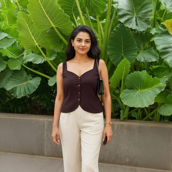 Brown Cotton Flax Button-Down Sweetheart Neck Waistcoat