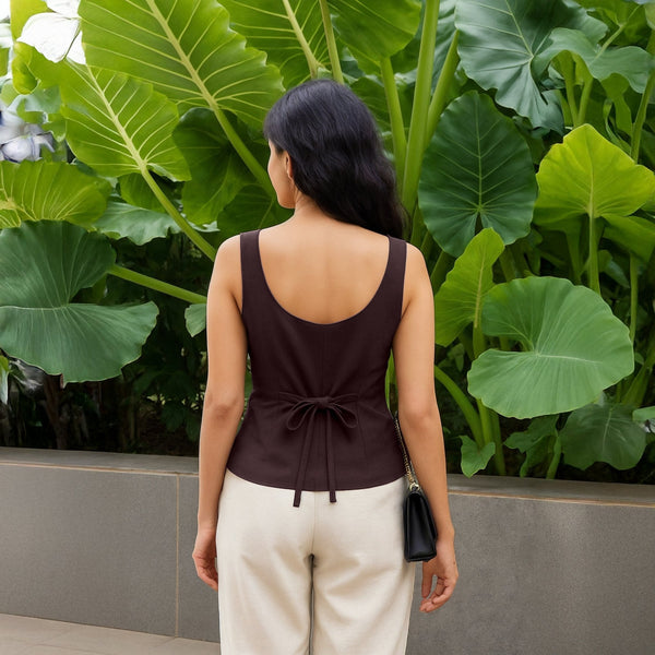 Brown Cotton Flax Button-Down Sweetheart Neck Waistcoat