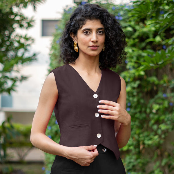 Brown Cotton Flax Button-Down V-Neck Vest