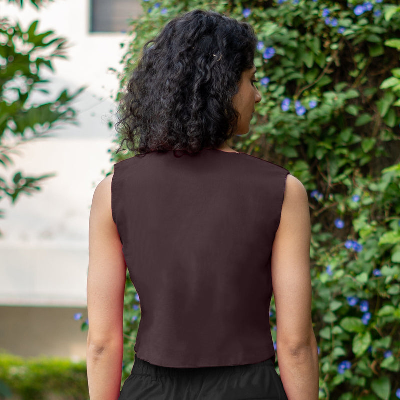 Brown Cotton Flax Button-Down V-Neck Vest