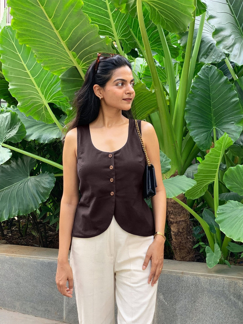 Brown Cotton Flax Button-Down Waistcoat