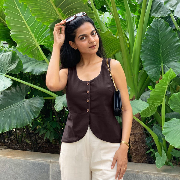 Brown Cotton Flax Button-Down Waistcoat