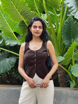 Brown Cotton Flax Button-Down Waistcoat