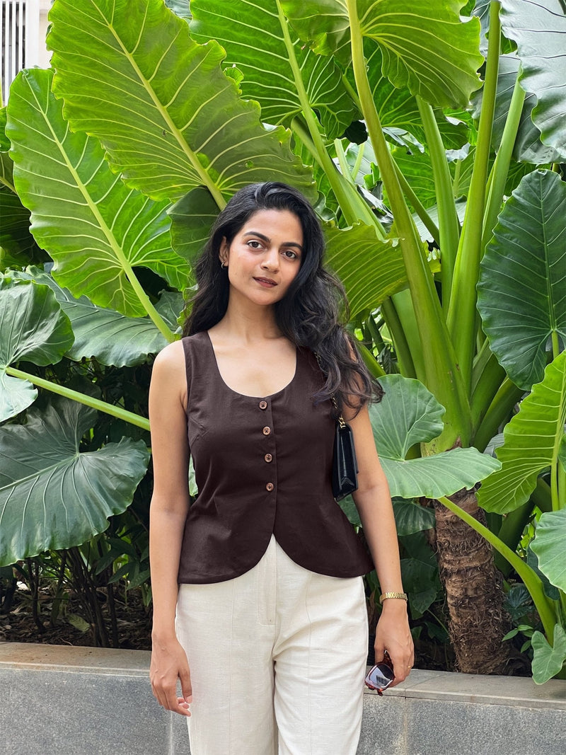 Brown Cotton Flax Button-Down Waistcoat