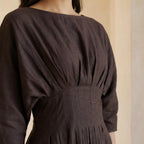 Brown Cotton Flax Cinched Waist Flared Maxi Dress
