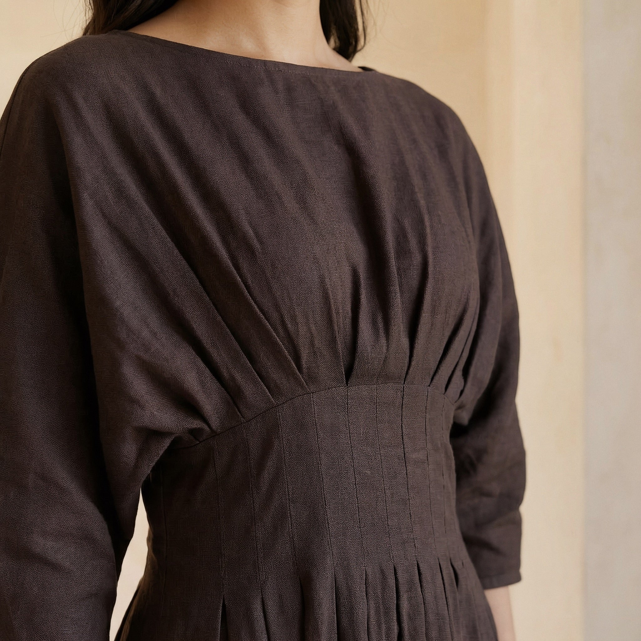 Brown Cotton Flax Cinched Waist Flared Maxi Dress