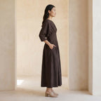 Brown Cotton Flax Cinched Waist Flared Maxi Dress