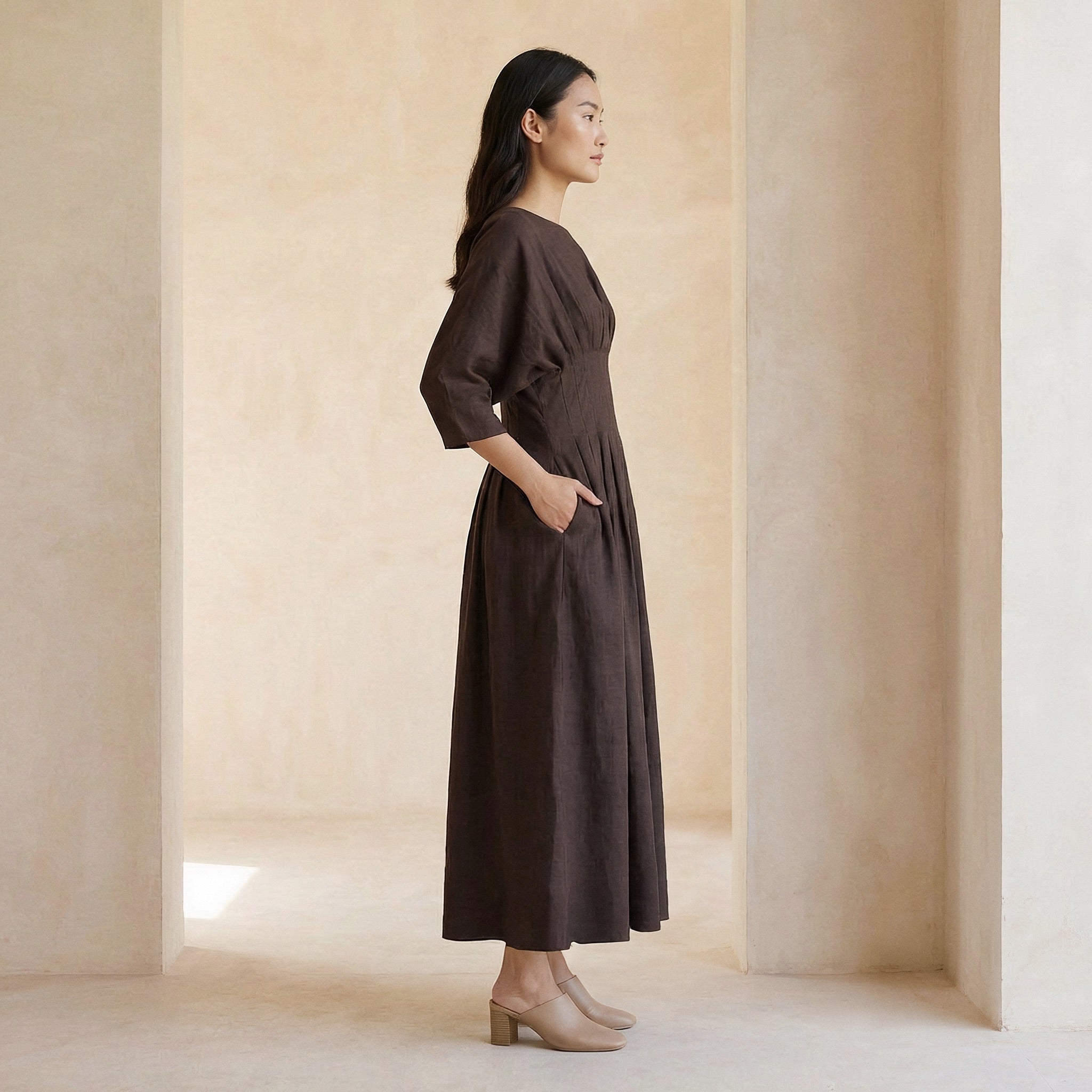Brown Cotton Flax Cinched Waist Flared Maxi Dress