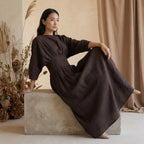 Brown Cotton Flax Cinched Waist Flared Maxi Dress