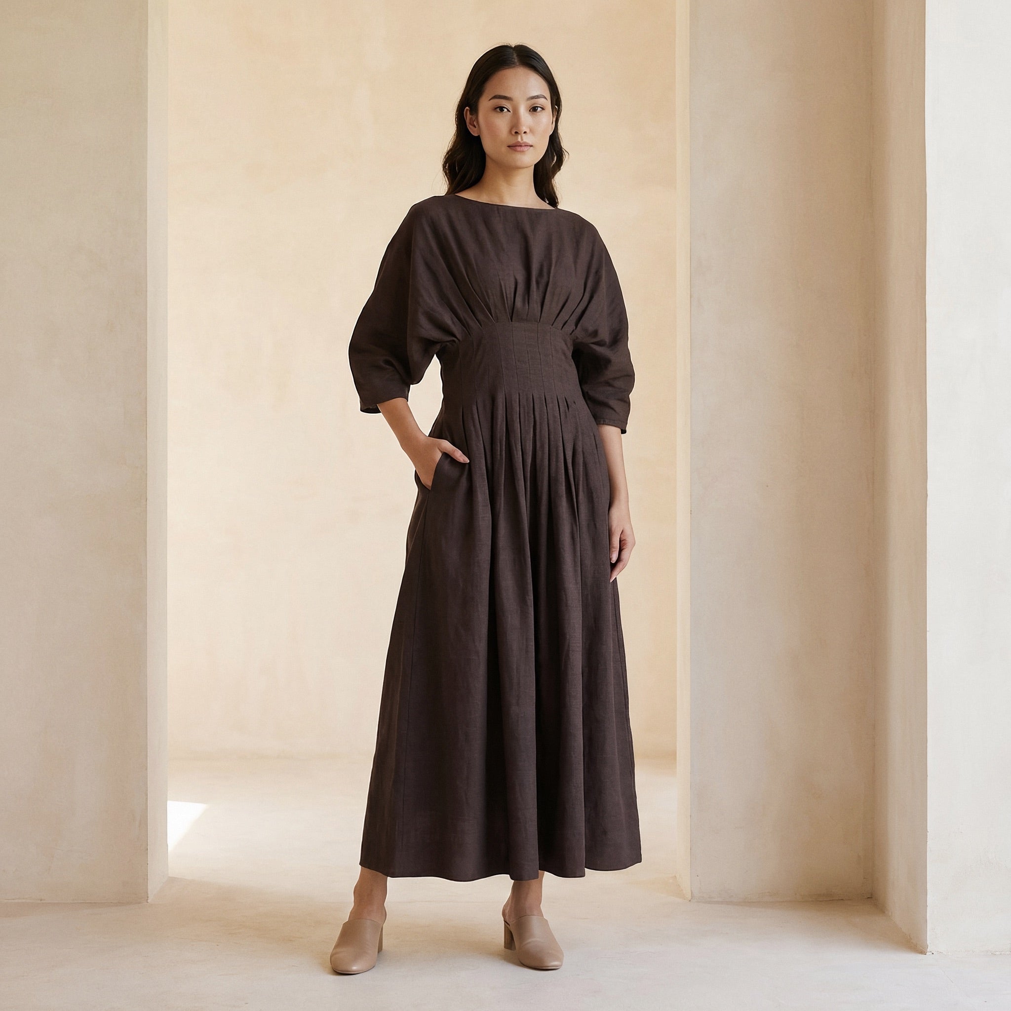 Brown Cotton Flax Cinched Waist Flared Maxi Dress