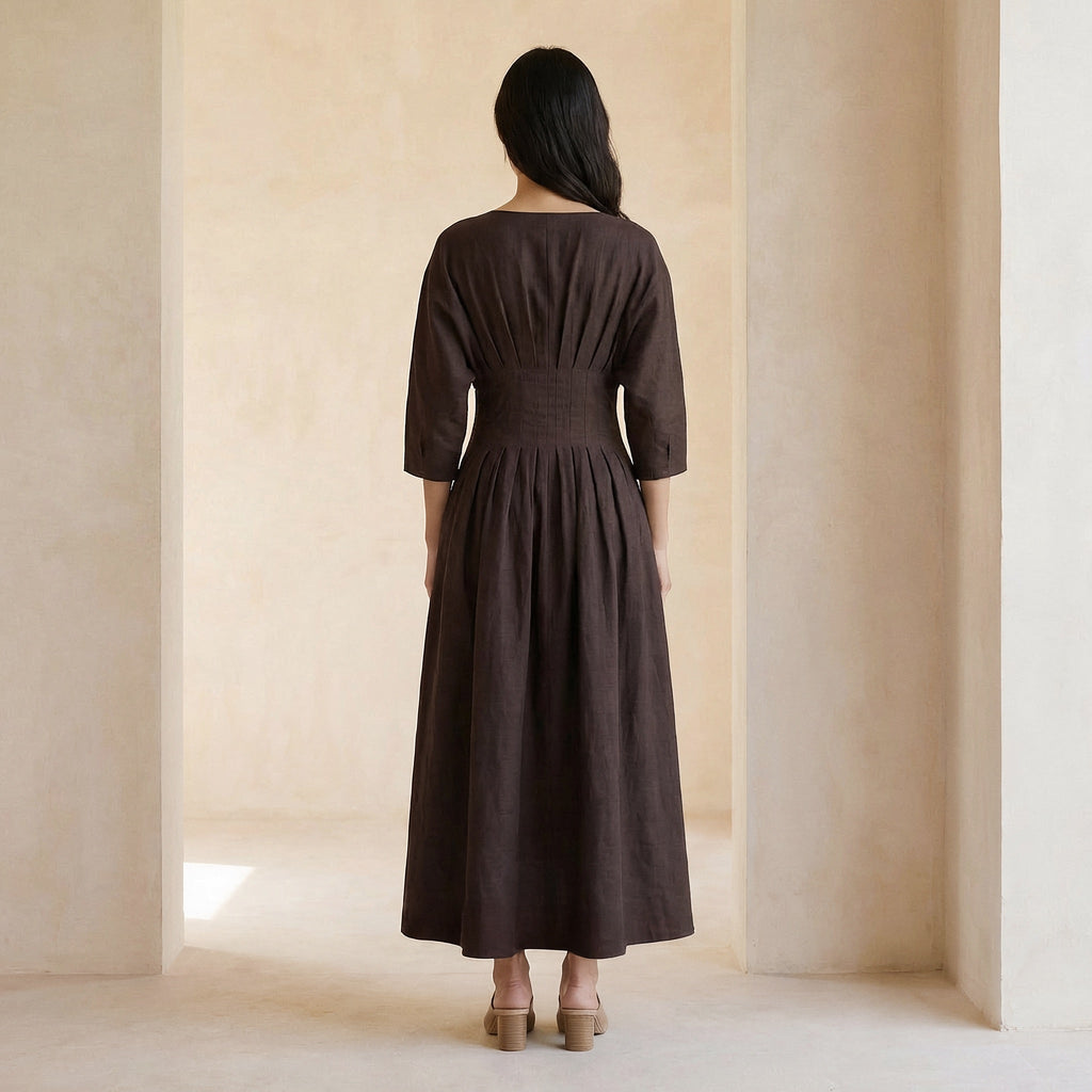 Brown Cotton Flax Cinched Waist Flared Maxi Dress