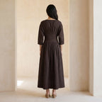 Brown Cotton Flax Cinched Waist Flared Maxi Dress